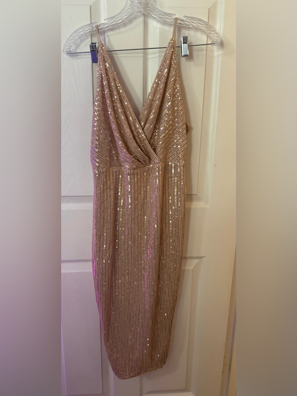Sequin V-Neck Evening Dress in Champagne